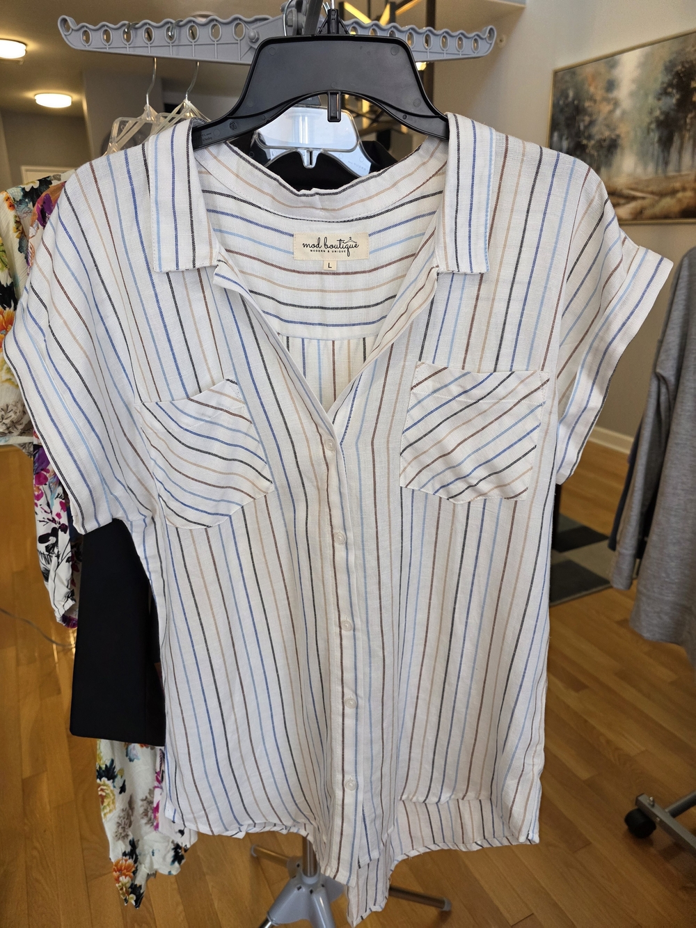 Mod Boutique White Button-Up Shirt with Blue & Tan Stripes